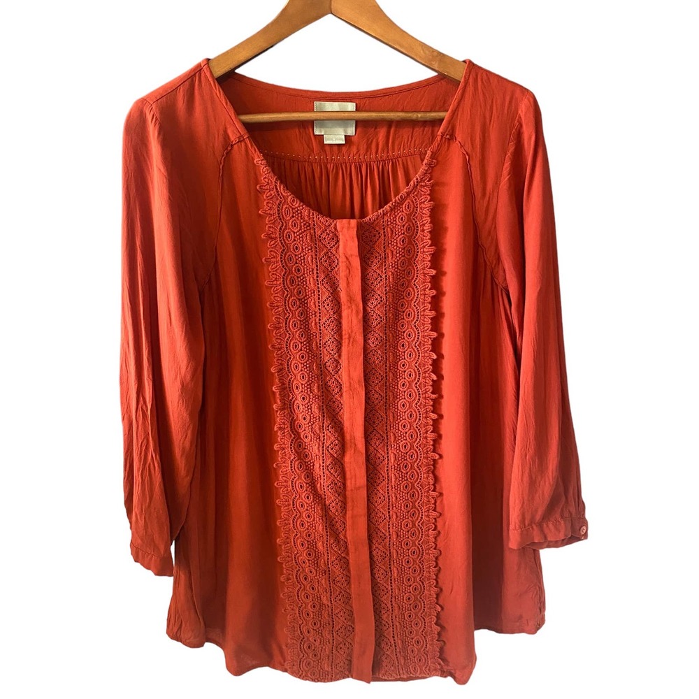 Maeve (Anthropologie) | Orange/Red Blouse w/Lace Detail | Size 8